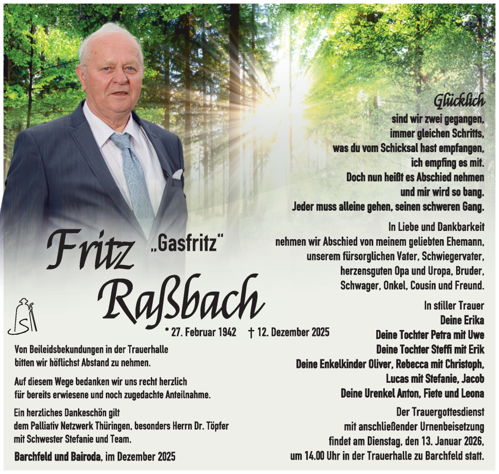  Traueranzeige für Fritz Raßbach vom 06.01.2026 aus Südthüringer Presse