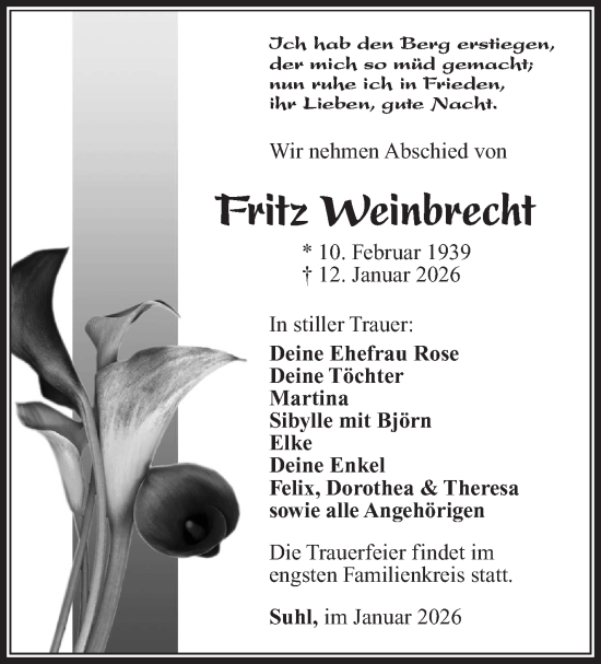 Traueranzeige von Fritz Weinbrecht von Südthüringer Presse