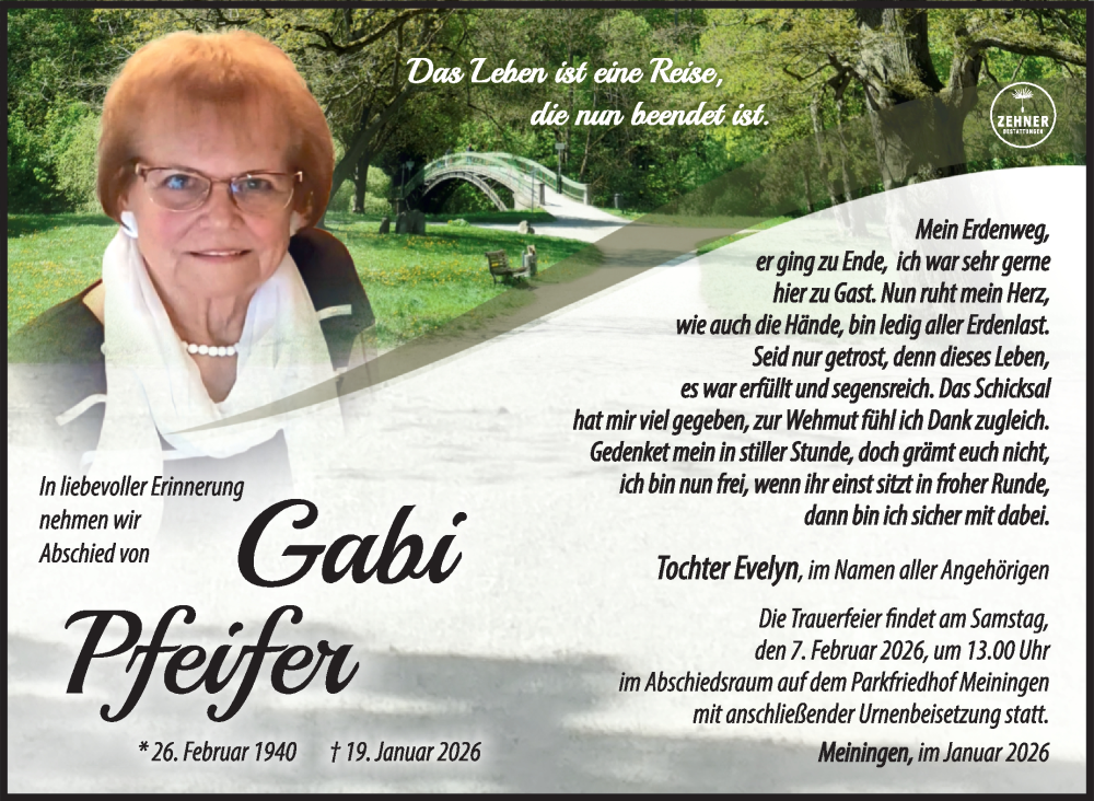  Traueranzeige für Gabi Pfeifer vom 31.01.2026 aus Südthüringer Presse