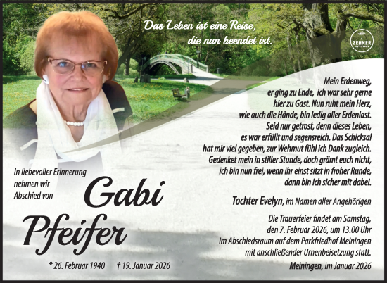 Traueranzeige von Gabi Pfeifer von Südthüringer Presse