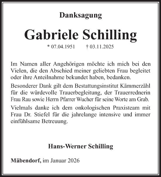 Traueranzeige von Gabriele Schilling von Südthüringer Presse