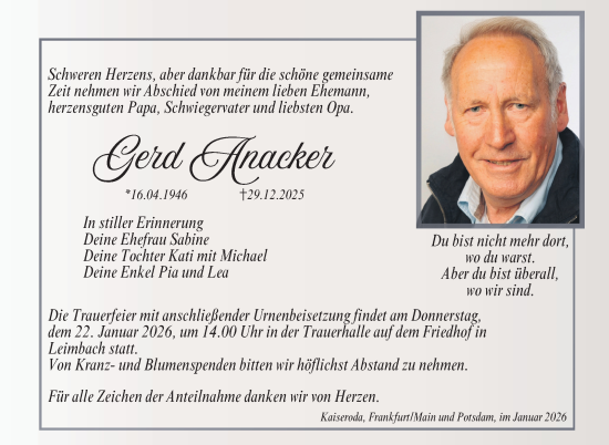 Traueranzeige von Gerd Anacker von Südthüringer Presse
