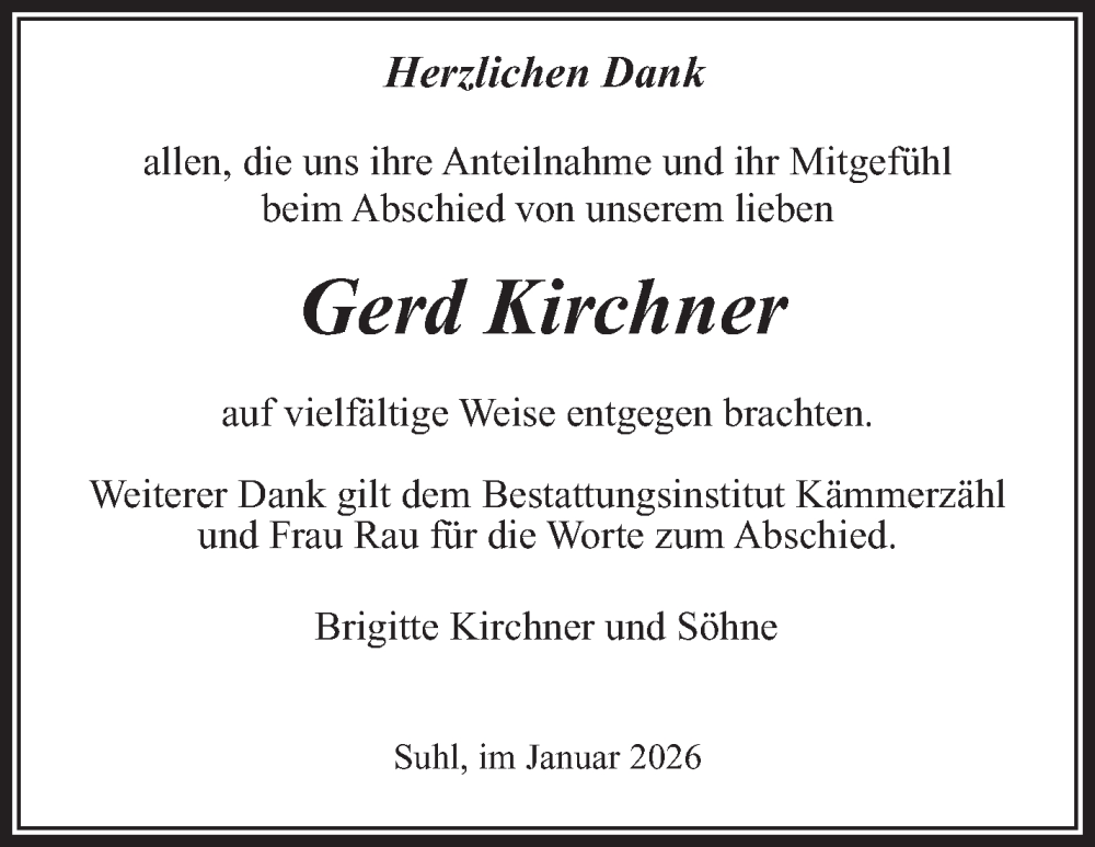  Traueranzeige für Gerd Kirchner vom 17.01.2026 aus Südthüringer Presse