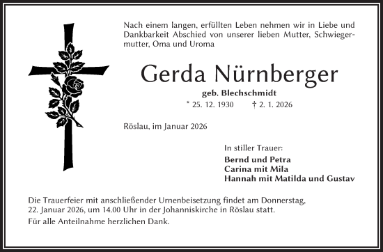 Traueranzeige von Gerd Nürnberger von Frankenpost
