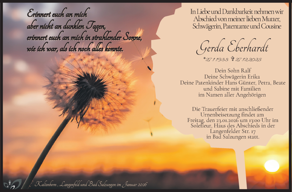  Traueranzeige für Gerda Eberhardt vom 17.01.2026 aus Südthüringer Presse