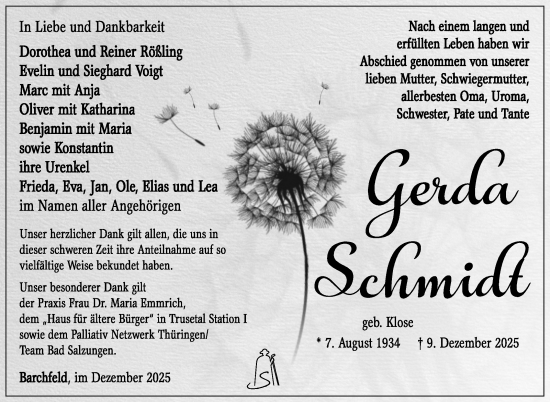 Traueranzeige von Gerda Schmidt von Südthüringer Presse