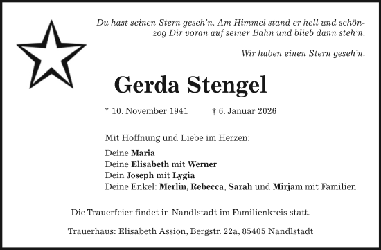 Traueranzeige von Gerda Stengel von Neue Presse Coburg