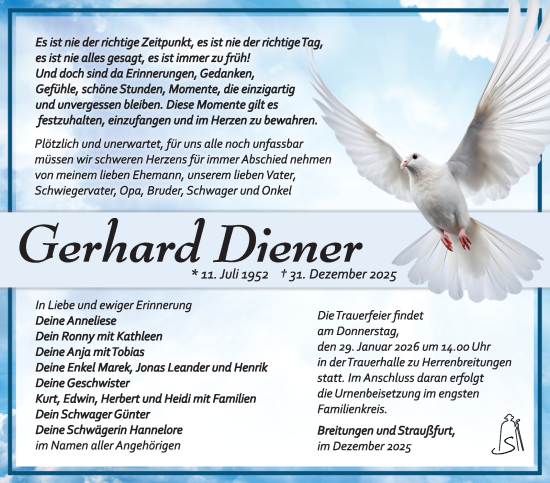 Traueranzeige von Gerhard Diener von Südthüringer Presse