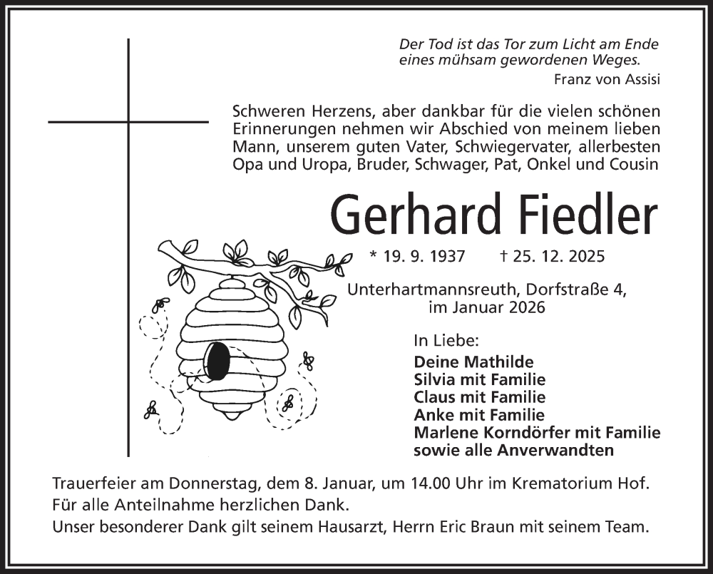  Traueranzeige für Gerhard Fiedler vom 03.01.2026 aus Frankenpost