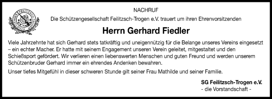 Traueranzeige von Gerhard Fiedler von Frankenpost
