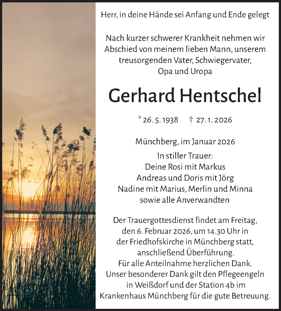  Traueranzeige für Gerhard Hentschel vom 31.01.2026 aus Frankenpost
