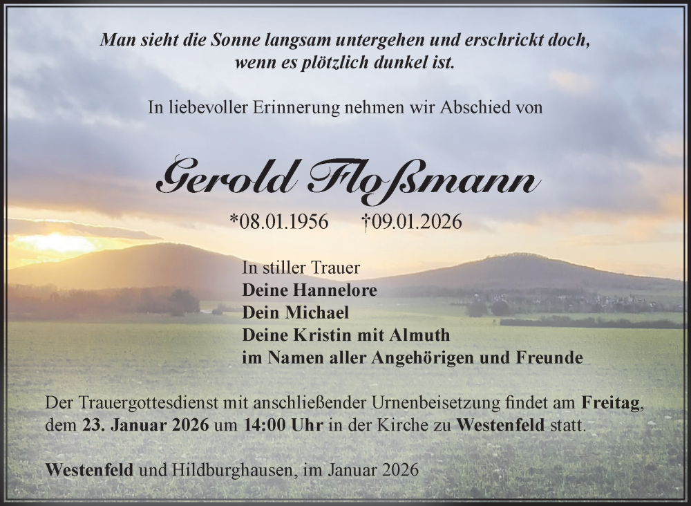  Traueranzeige für Gerold Floßmann vom 17.01.2026 aus Südthüringer Presse
