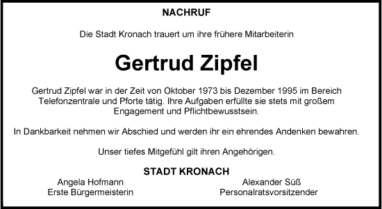 Traueranzeige von Gertrud Zipfel von Neue Presse Coburg