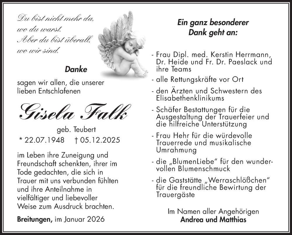  Traueranzeige für Gisela Falk vom 10.01.2026 aus Südthüringer Presse