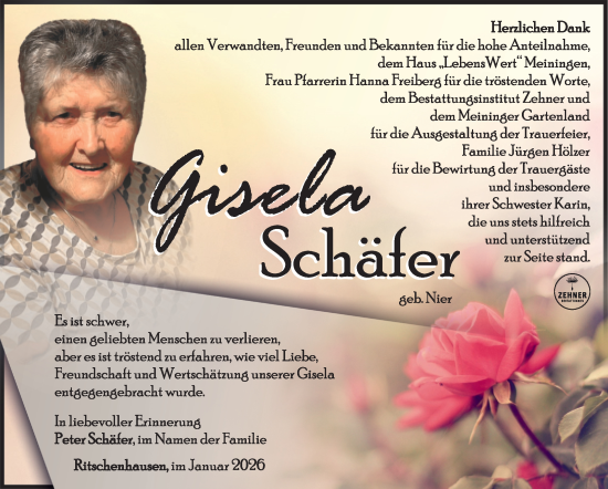 Traueranzeige von Gisela Schäfer von Südthüringer Presse