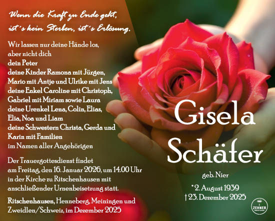 Traueranzeige von Gisela Schäfer von Südthüringer Presse