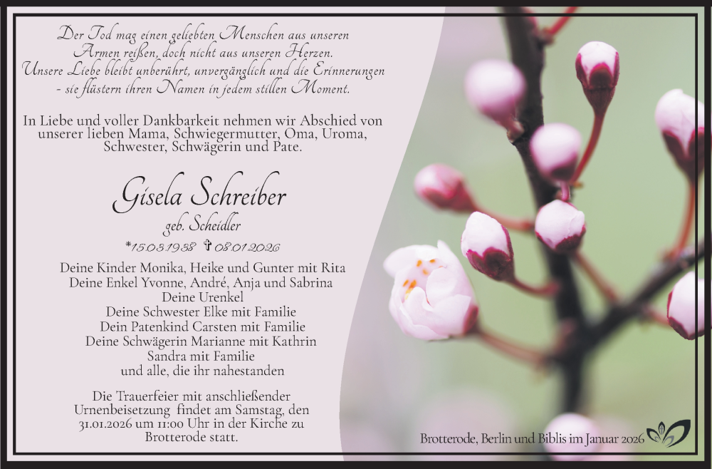  Traueranzeige für Gisela Schreiber vom 24.01.2026 aus Südthüringer Presse