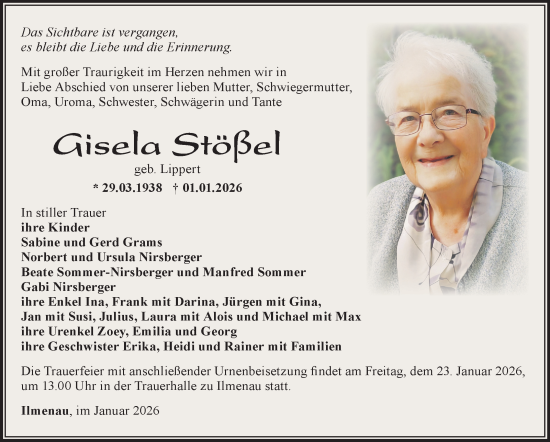 Traueranzeige von Gisela Stößel von Südthüringer Presse