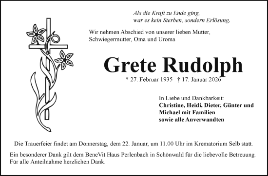 Traueranzeige von Grete Rudolph von Frankenpost