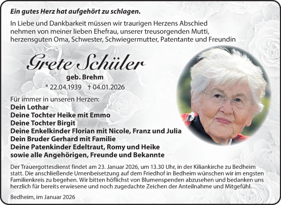 Traueranzeige von Grete Schüler von Südthüringer Presse