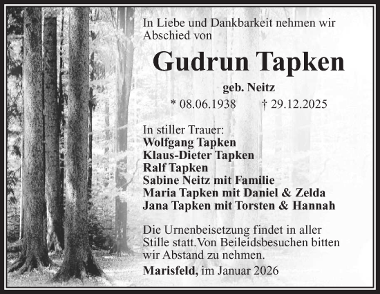 Traueranzeige von Gudrun Tapken von Südthüringer Presse