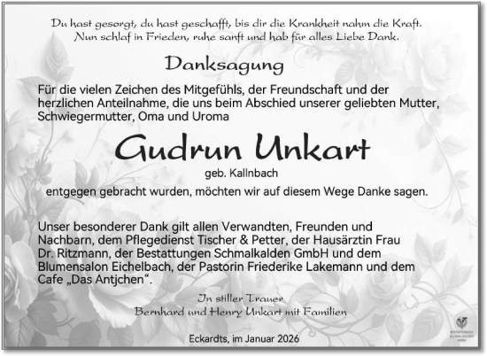 Traueranzeige von Gudrun Unkart von Südthüringer Presse