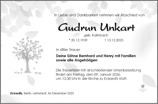 Traueranzeige von Gudrun Unkart von Südthüringer Presse