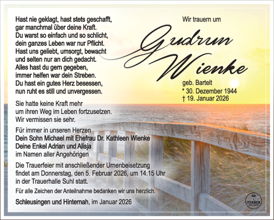 Traueranzeige von Gudrun Wienke von Südthüringer Presse