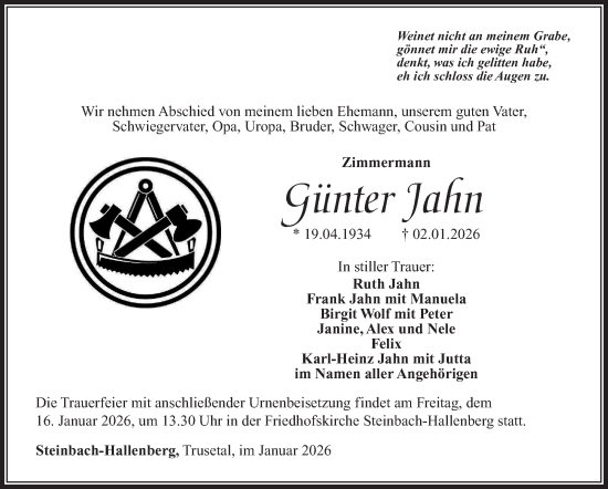 Traueranzeige von Günter Jahn von Südthüringer Presse