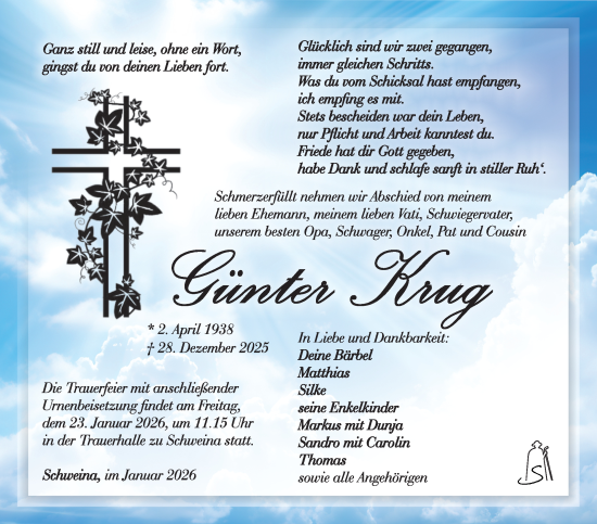 Traueranzeige von Günter Krug von Südthüringer Presse
