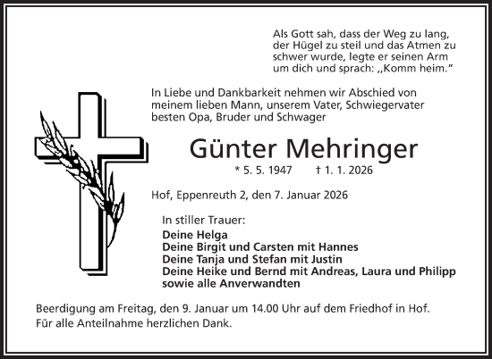 Traueranzeige von Günter Mehringer von Frankenpost