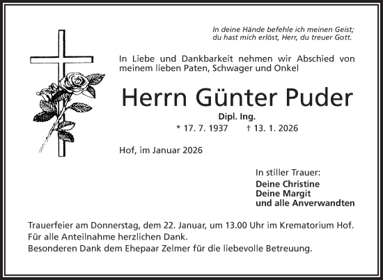 Traueranzeige von Günter Puder von Frankenpost