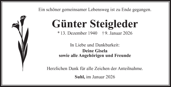 Traueranzeige von Günter Steigleder von Südthüringer Presse