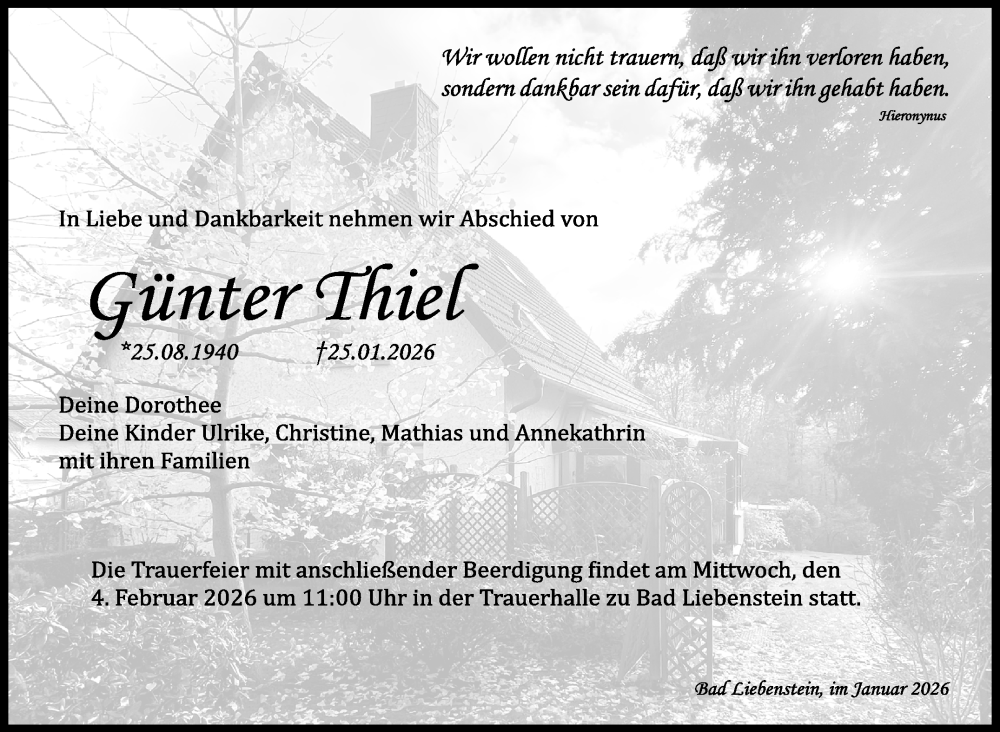  Traueranzeige für Günter Thiel vom 30.01.2026 aus Südthüringer Presse