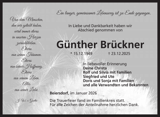 Traueranzeige von Günther Brückner von Neue Presse Coburg