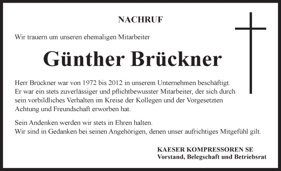 Traueranzeige von Günther Brückner von Neue Presse Coburg