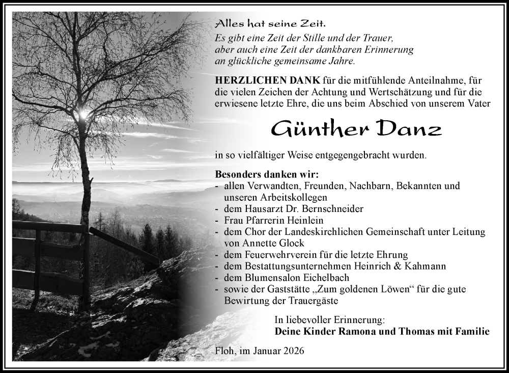  Traueranzeige für Günther Danz vom 10.01.2026 aus Südthüringer Presse