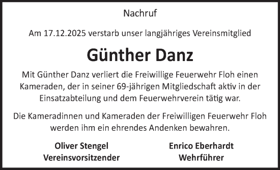 Traueranzeige von Günther Danz von Südthüringer Presse