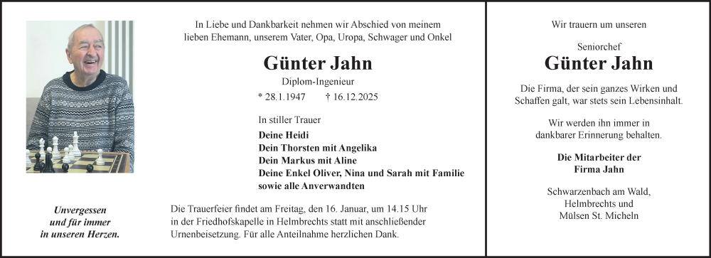 Traueranzeige für Günter Jahn vom 10.01.2026 aus Frankenpost