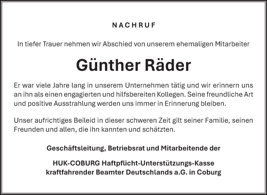 Traueranzeige von Günther Räder von Neue Presse Coburg