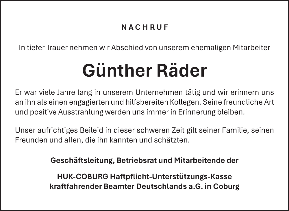  Traueranzeige für Günther Räder vom 24.01.2026 aus Neue Presse Coburg