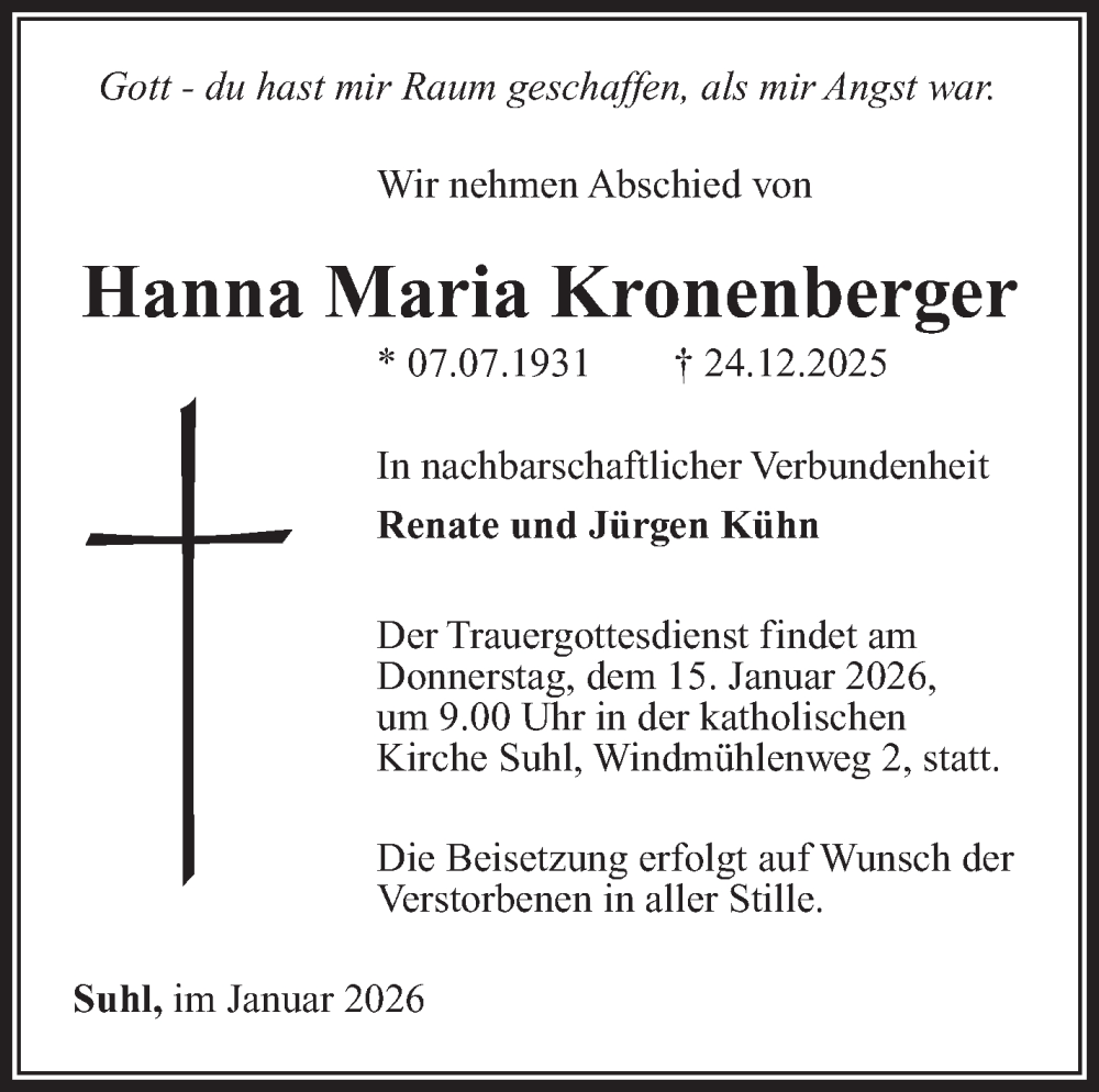  Traueranzeige für Hanna Maria Kronenberger vom 10.01.2026 aus Südthüringer Presse