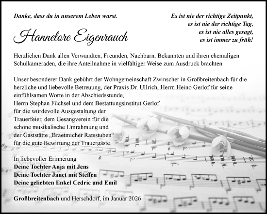 Traueranzeige von Hannelore Eigenrauch von Südthüringer Presse