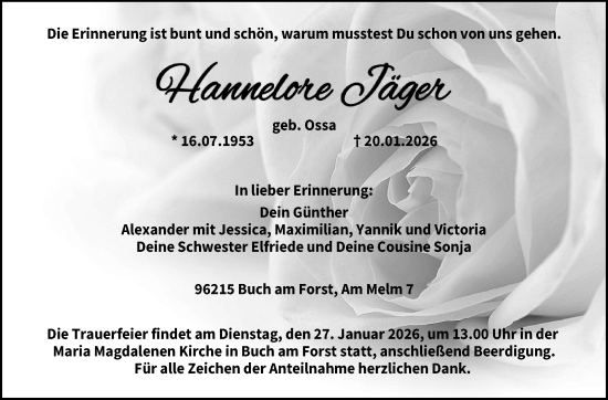 Traueranzeige von Hannelore Jäger von Neue Presse Coburg