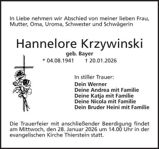 Traueranzeige von Hannelore Krzywinski von Frankenpost