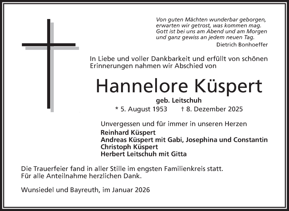  Traueranzeige für Hannelore Küspert vom 10.01.2026 aus Frankenpost