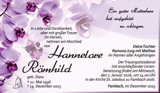 Traueranzeige von Hannelore Römhild von Südthüringer Presse