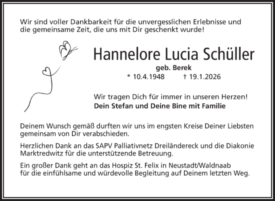 Traueranzeige von Hannelore Schüller von Frankenpost
