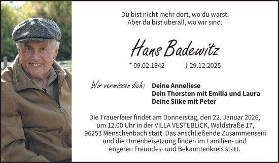 Traueranzeige von Hans Badewitz von Neue Presse Coburg