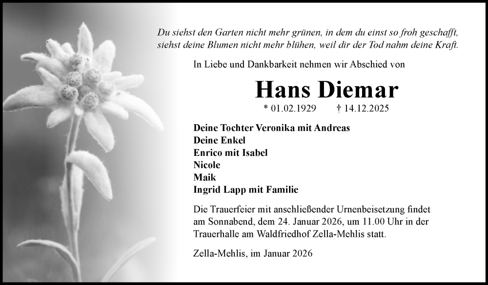  Traueranzeige für Hans Diemar vom 10.01.2026 aus Südthüringer Presse